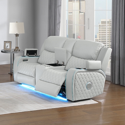 Elonzo Power Motion Loveseat with Console, LED, Power Headrest & Speaker